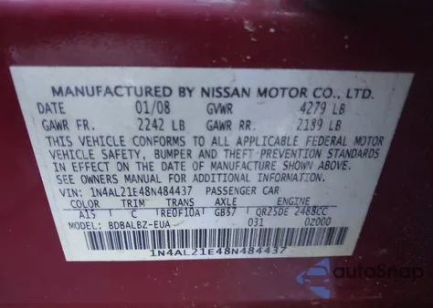 2008 Nissan Altima 2.5 S из США, поврежденный, VIN 1N4AL21E48N484437